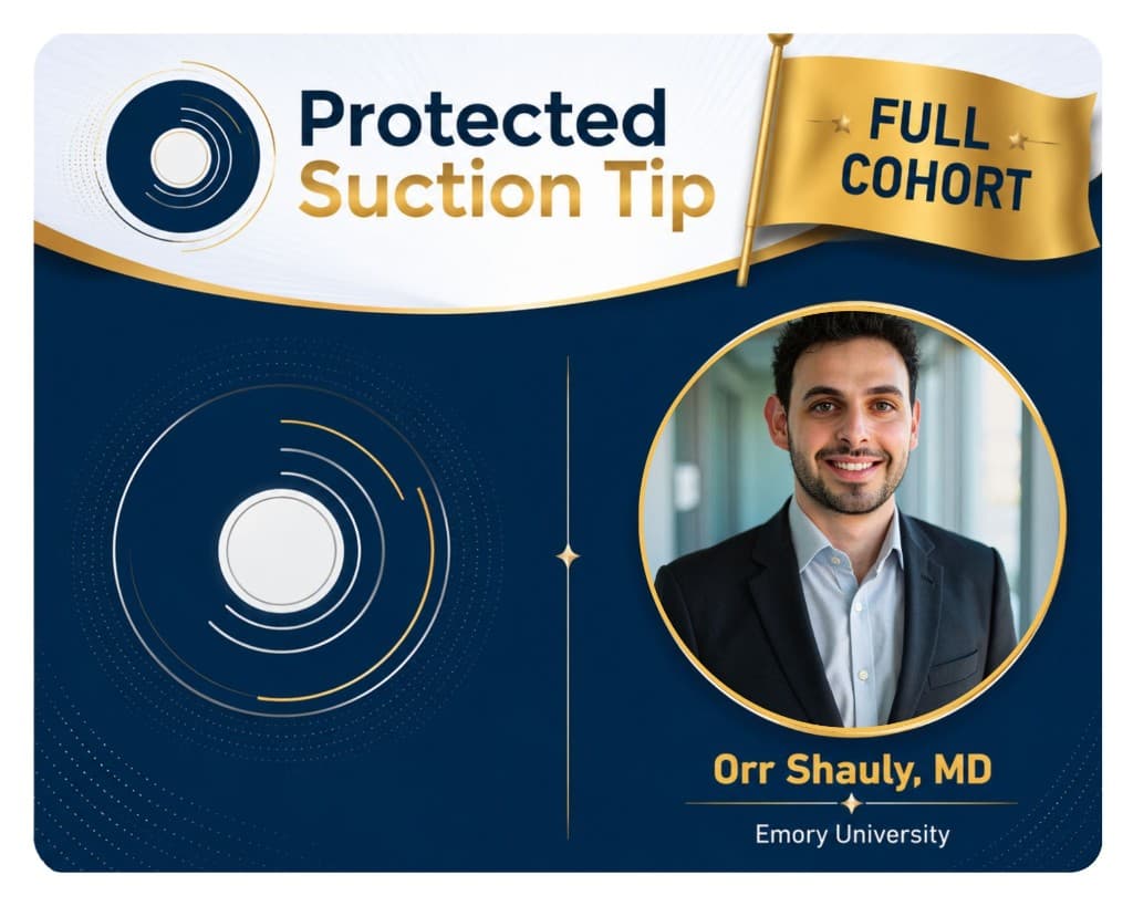 Announcement graphic for Protected Suction Tip featuring Orr Shauly, MD from Emory University, selected for the Biolocity Full Cohort.